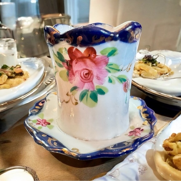 Antique Hand Painted  Cobalt Blue Floral Gold Toothpick / Matchstick Holder - Picture 4 of 7